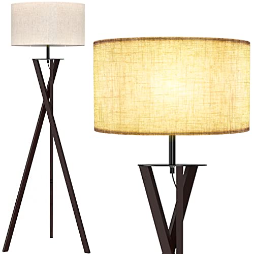 LEPOWER Tripod Floor Lamp, Mid Century Wood Floor Lamps for Living Room, Bedroom and Office, Flaxen Lamp Shade with E26 Lamp Base