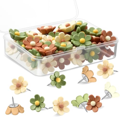 Sawysine Flower Push Pins 60Pcs with Storage Box - Coffee Beige Green