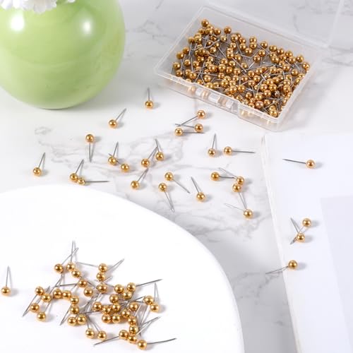Gold 200pcs Map Push Pins Round Head Tacks for Travel - 4x15mm with Storage Box
