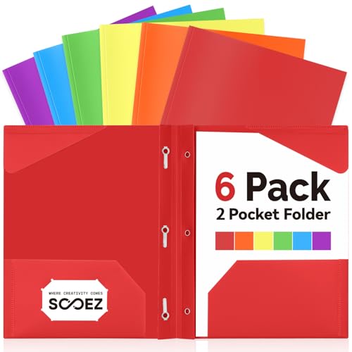 Sooez Plastic Folders with Pockets and Prongs, 6 Pack Pocket Folders with Prongs, Heavy Duty 3 Prong 2-Pocket Folders for Document, Colored File Folder Back to School Supplies for Kids