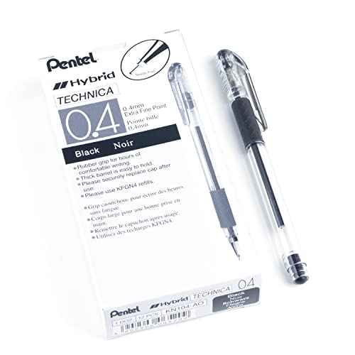 Pentel Arts Hybrid Technica 0.4 mm Pen, Ultra Fine Point, Black Ink, Box of 12 (KN104-A)