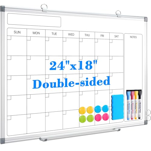 Monthly Calendar Dry Erase Whiteboard for Wall, 24" x 18" Magnetic Calendar White Board, Double-Sided Portable Board for Office, Kitchen, School, Home