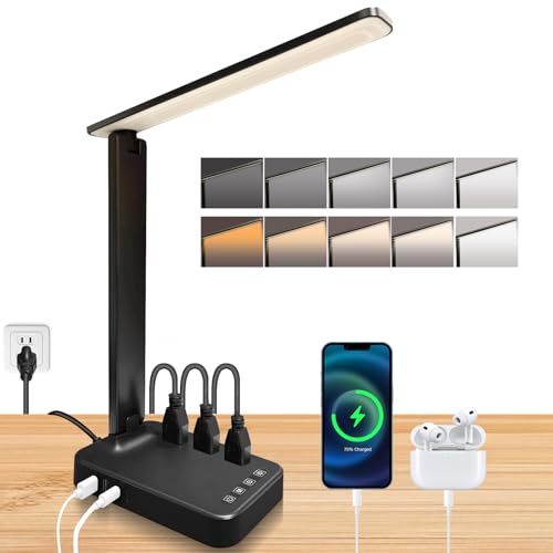 Karidi LED Desk Lamp with Power Strip, USB-C & AC Outlets, Dimmable Touch Light