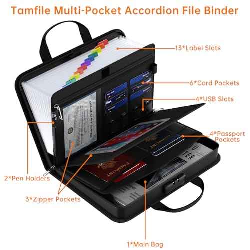5200¢µ Fireproof Accordion File Organizer with Lock, Thickened Document Organizer 13 Pocket with Zipper & Labels, Important Document Organizer, Expanding File Folder with Handle for Letter A4 (Black)