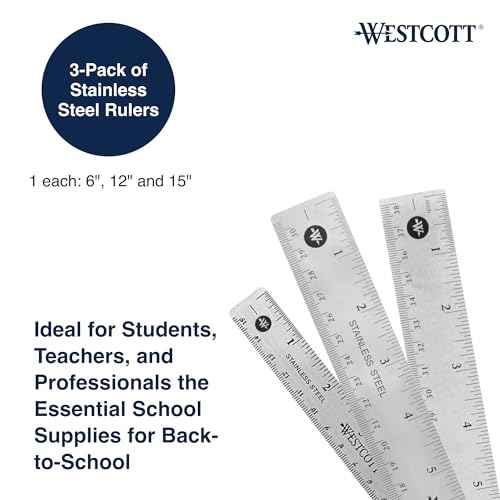 Westcott 10414 Stainless Steel Metal Ruler with Non-Slip Cork Base, 6 in