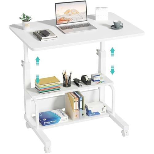 WINAZ 31.5" Small Portable Laptop Rolling Desk with Wheels, White, 2-Tier Storage