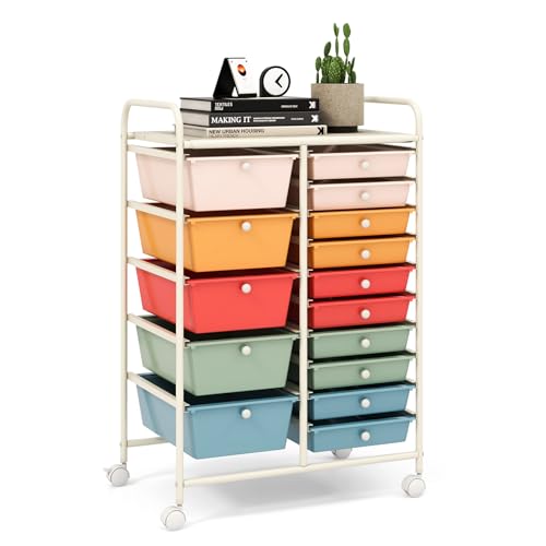 LDAILY Macaron 15-Drawer Rolling Storage Cart with Lockable Wheels for Home & Office