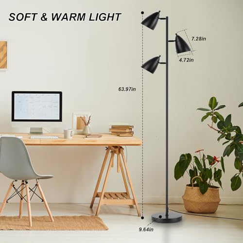 Tree Floor Lamp for Living Room, Industrial 3-Light Standing Lamp with 3 LED Bulbs, Adjustable Rotation Heads, Standing Tall Pole Lamp Farmhouse Rustic Reading Lamps for Bedroom Office (Black)