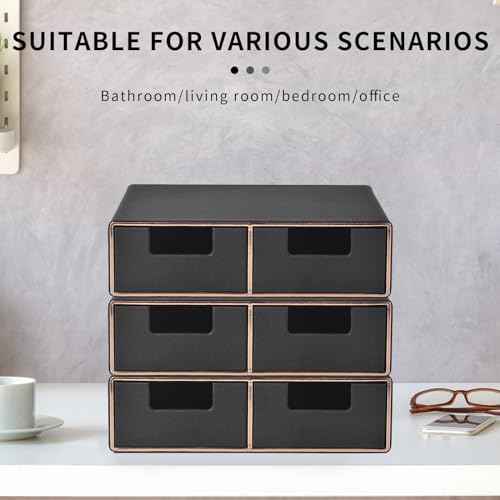 Linen Leather Desk Organizer and monitor stand with Drawers£­Mini Desktop Drawer Organizer Stackable£­Tabletop Organization Storage Box for Office Supplies Home Vanity Toiletries (Black, 2-drawers)