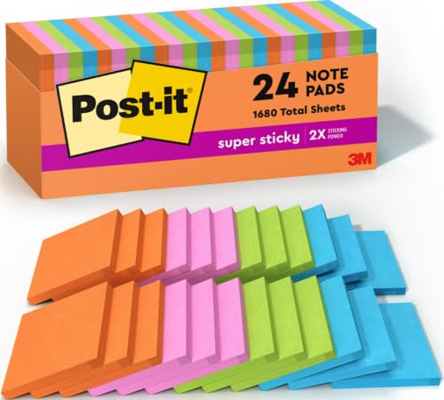 Post-it Super Sticky Notes Neon Fizz 3 x 3 in, 7.4 x 3.2 in, 24 Pads, 70 Sheets per Pad