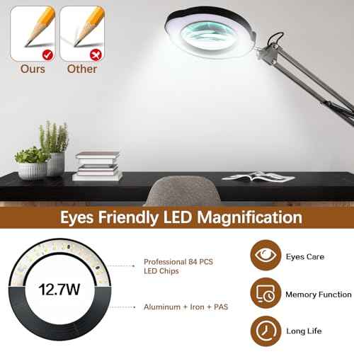12X Magnifying Glass with Light and Clamp, Magnifier with Light Hands Free,84 LEDs Real Glass Lens Magnifying Lamp for Close Work, Repair, Reading, Craft (Black 2)