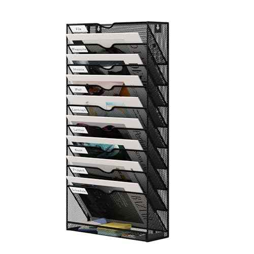 10 Tier Hanging Wall File Holder, Metal A4 Wall Mounted Document Holder, Vertical Hanging Mail Organizer, Magazine Storage Rack With Tray For Office Home Classroom, Black