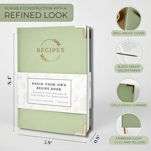 KIKAZE Green Leather Sage Recipe Notebook 60 Recipes | A4-Size Hardcover Journal with Tabs & Pockets