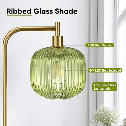 QiMH Glass Floor Lamp for Living Room, Modern Standing Lamp with Ribbed Glass Lampshade Pedal Switch, 67¡± Tall Lamp for Bedroom Study Room, Brushed Gold (2700K LED Bulb Included)