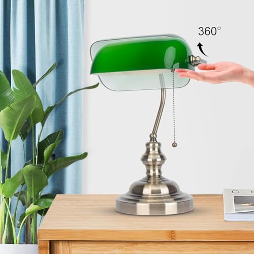 Bankers Lamp Green, Vintage Library Lamp with Pull Chain, Traditional Green Glass Desk Lamp for Home Office, Study Room, Library, LED Bulb Included