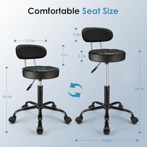 FNZIR Black PU Leather Rolling Stool with Backrest, Height Adjustable Swivel Drafting Chair