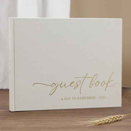 Elegant Wedding Guest Book for Wedding Reception, Beautiful Guestbook for Baby Shower Decor, 100 Blank Pages for Sign in, Polaroid Pictures and Photos, Linen Cover (2025, Beige)