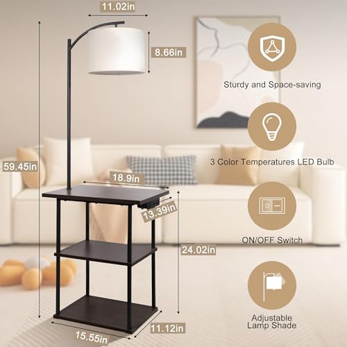 PESRAE Rustic Brown Floor Lamp with 3-Tier Side Table & Charging Station