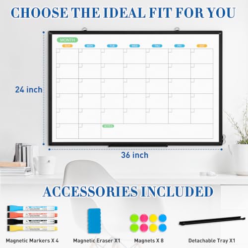 WALGLASS 36x24 Inch Double-Sided Black Frame Dry Erase Calendar Whiteboard Wall Organizer