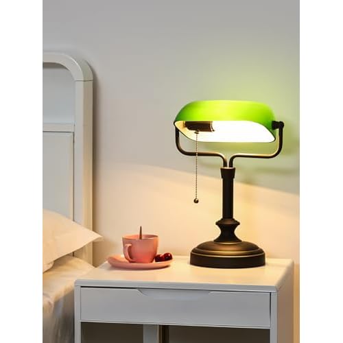 Traditional Banker's Desk Lamp with Glass Shade,Pull Chain Switch, LED Bulb Included (Antique Black+Green)