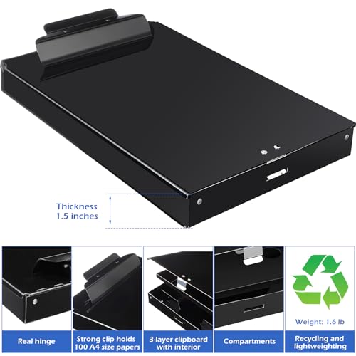 Janlaugh 2 Pieces Metal Storage Clipboard Letter Size Heavy Duty Aluminum Clip Board 14'' x 9.06'' x 2.95'' Contractor Clipboard Dual Storage Form Holder Paper Holder with High Capacity Clip