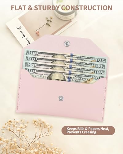 Pink Reusable Leather Cash Envelope Wallet for Men & Women, Budget Organizer