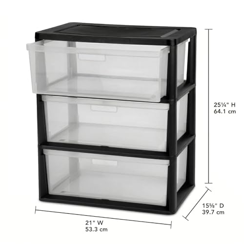 Black Wide 3-Drawer Storage Tower with Removable Clear Bins, Tool-Free Assembly