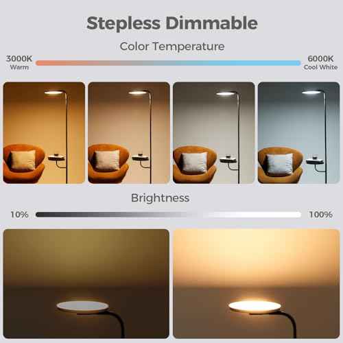 Floor Lamp with Table & Shelves,LED Stepless Dimmable Torchiere with Remote & Touch Control, 350¡Æ Rotating Head Reading Floor Lamp for Living Room, Bedroom, Office