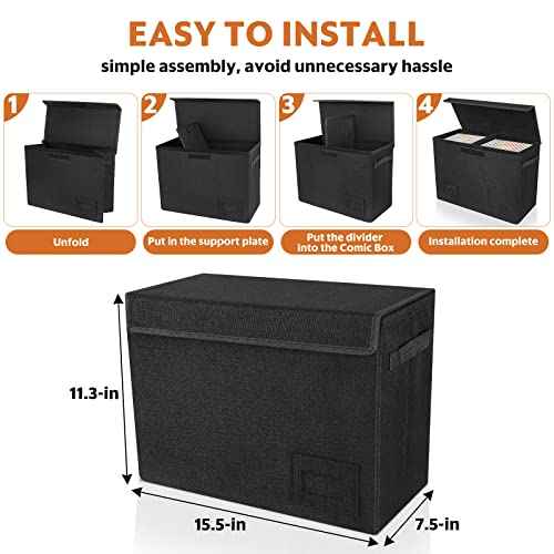 2-Pack Comic Book Storage Boxes, Collapsible Comics Book Case with Dividers and Carrying Handles, Comic Short Box Holds 150 Comics, 15.5" X 7.5" X 11.3" Heavy-Duty Stackable Case