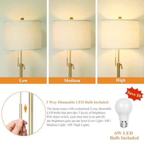 ¡¼Upgrade¡½ Gold Floor Lamps for Living Room, 55"-67" Height Adjustable Modern Standing Lamp with Marble Base, Pull Chain Switch, 3-Way Dimmable Tall Pole Lamp for Bedroom Office Reading, Bulb Included