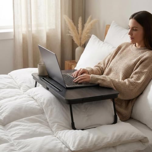BUYIFY Black Foldable Lap Desk Bed Table with Cup Holder & Tablet Slot