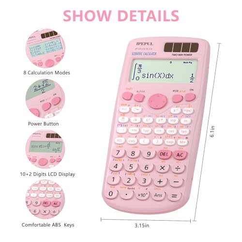 Scientific Calculators, IPepul Pink Math Calculator with 417 Function, Solar Battery Power and 4-Line Display, School Supplies for Middle High College Students Teachers (Pink 991ES Plus)