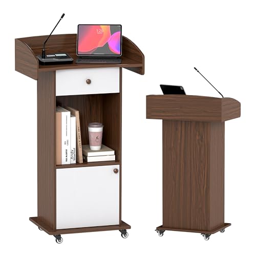 Qriocioa Brown & White Podium Stand with Wheels, Wooden Lectern with Storage