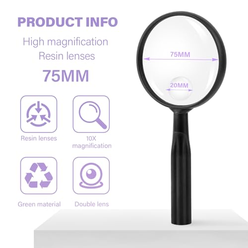 Lakei 10X Handheld Magnifier Glass Black 75mm Non-Slip Handle Reading Tool