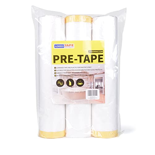 ADHES Pre Taped Masking Film with Adhesive Edge, 103 inch x 36 Yards x 3 Rolls No Residue Masking Tape for Painting, Automotive, and DIY Projects Tape and Drape for Floor Furniture Protection