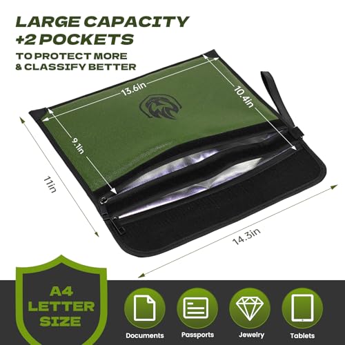 2 Pockets Fireproof Document Bag 6200¡ÆF, 10 Layers Waterproof Fireproof Money Bag for Cash with Reflective Strip, Heat Insulated Waterproof Document Holder Pouch, Fire Safe Storage (Green)