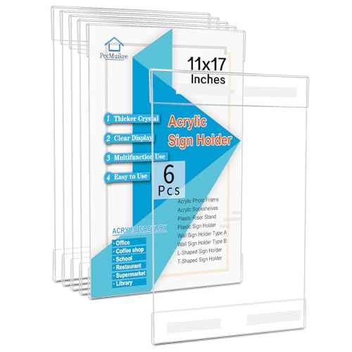 PecMuikee 11 x 17 Acrylic Sign Holder Horizontal £¬Wall Mount Sign Holders Clear Acrylic Frame with Double Sided Tape Clear Poster Frames Plastic Sign Holder for Office, Home, Landscape, 6 Pack