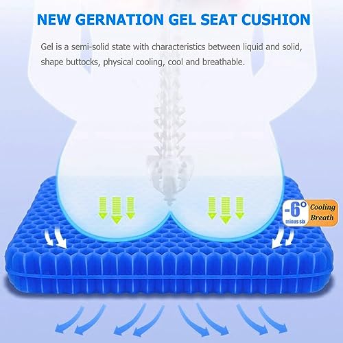 Helishy Gel Seat Cushion 16x14x1.65 in - Blue, Double Thick Honeycomb Relief