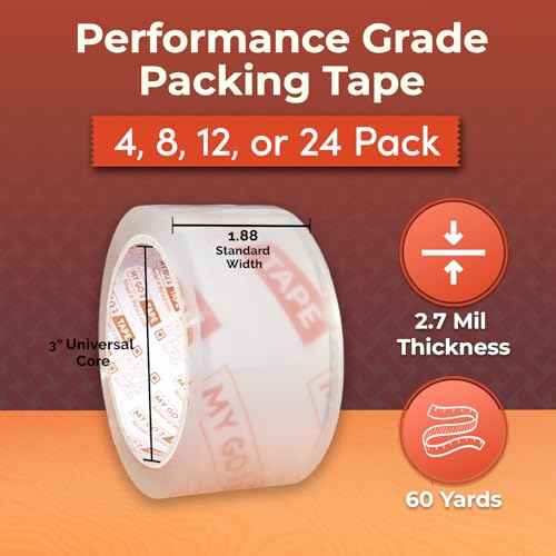 My Go 2 Heavy Duty Packing Tape, 4 Pack, 60 Yard Rolls, Clear, 2.7 MIL, Carton Tape Refill for Shipping, Mailing, Packaging and Moving