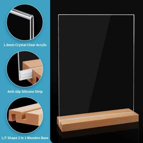Smarpau 4x6 Acrylic Sign Holder with Wood Base, 8 Pack L/T Shape 2 in 1 Table Sign Stand Vertical or Slant Back Display, Photo Picture Frame, Menu Holder for Restaurant, Office, Store, Wedding