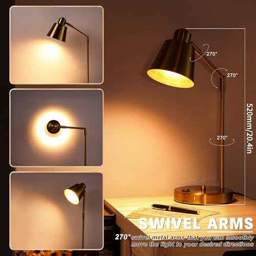 LED Desk Lamp with Dual USB Charging Ports, 100% Metal, 270¡Æ Swivel Arms, Soft White Light (3000K), Bedside Reading Lamp, Home Office Lamp(Golden)