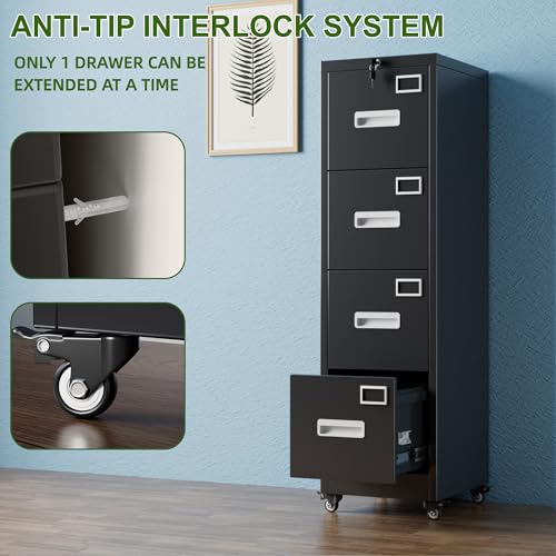 Aobabo Black 4-Drawer Metal File Cabinet with Lock & Wheels, Office Storage