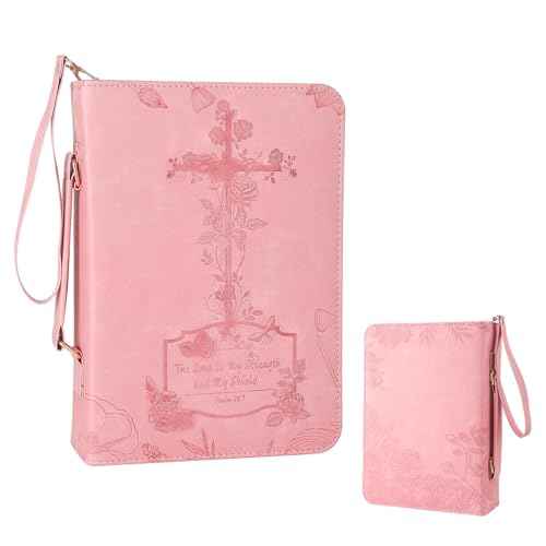 Pink Bible Cover Case for Women£¬Large PU Leather Debossed Scripture Cover with Cross & Rose£¬Bible Accessories£¬Bible Carrying Case for Women, Girls, Gifts