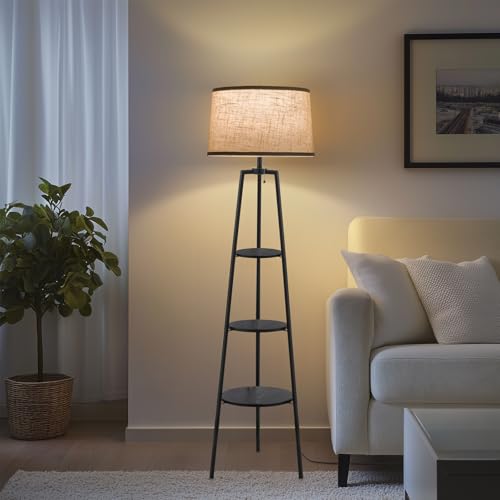 3 Tier Shelf Floor Lamps for Living Room, Modern Standing Lamp with 3 Color Temperature Led Bulb, Tall Lamps for Bedroom and Office, Black