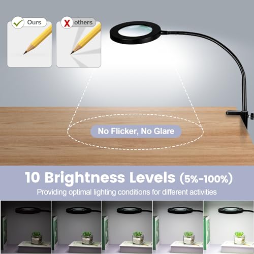 10X Magnifying Glass with Light and Stand,NUEYiO 3-Color Stepless Dimmable LED Magnifying Floor Lamp, 24" Gooseneck Adjustable Swing Arm Lighted Magnifier Lamp with Clamp for Reading Craft Esthetican