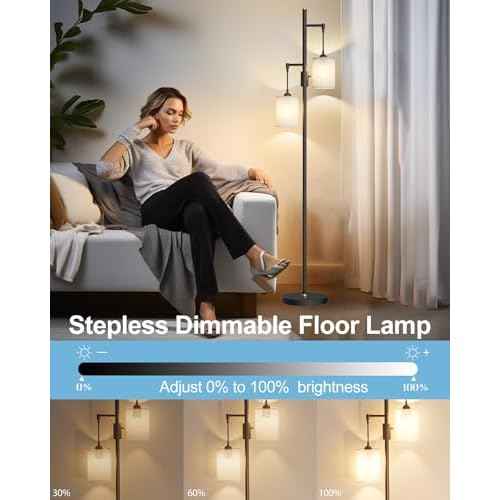 Lightdot 65IN Dimmable Floor Lamp for Living Room, Industrial 2-Light Tree Floor Lamps with LED E26 Bulbs Included, 3000K Mid Century Floor Lamp with Fabric Lampshades for Bedroom HOM Office-Black