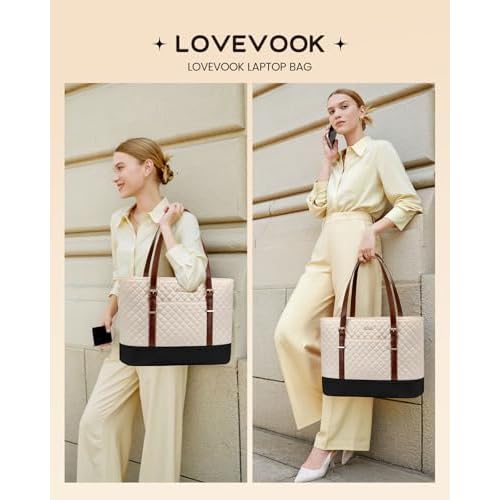LOVEVOOK Laptop Bag for Women, Work Tote Computer Bag With Large Cup Holder, Lightweight Large Laptop Briefcase, Beige-Brown-Black, 17.3 Inch