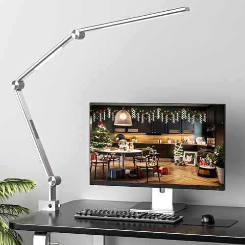 VERSKI LED Desk Lamp With Dual Light Source, Eye-Caring Optical Lens, 5 Color Modes & Brightness, 18W Brightest, Swing Arm Office Lamp, Clamp Lamp for Home Office, Work and Task