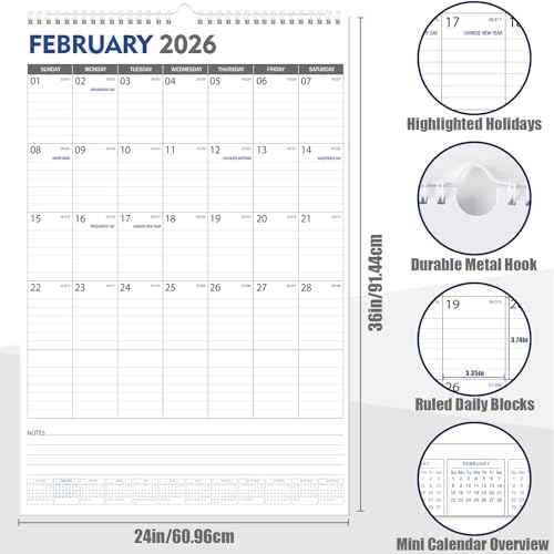 GuassLee Extra Large Wall Calendar 2026, 36"x 24" Jumbo Vertical Wall Planner 2026-2027 from January 2026 to June 2027,18 Months with Julian Dates and Notes for Office School Home Teacher Planning