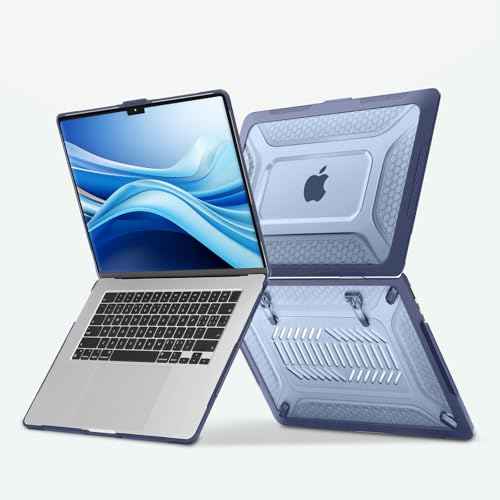 MOSISO Compatible with MacBook Air 15 inch Case 2025 2024 2023 M4 A3241 M3 A3114 M2 A2941, Honeycomb Shockproof Heavy Duty TPU Bumper Plastic Hard Case with Fold Kickstand&Keyboard Cover, Navy Blue